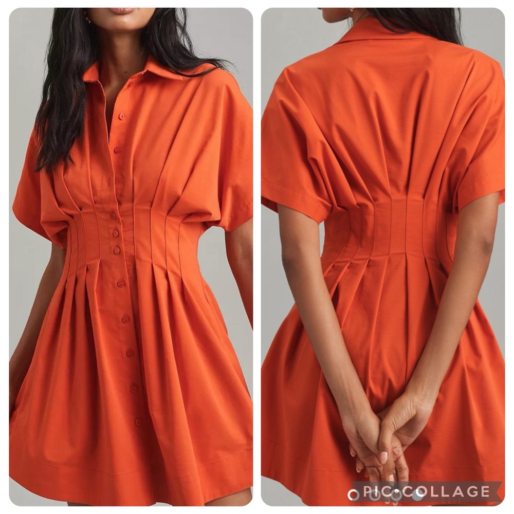 Large Anthropologie Exquise Tobie pleated shirt dress red orange coral